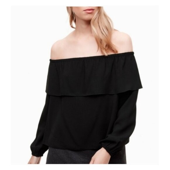 Aritzia Wilfred Morel Off-the-shoulder Top Boho Ruffled Top Black Sz M - Picture 2 of 9
